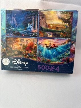 DISNEY THOMAS KINKADE 4 JIGSAW PUZZLE SET, Cinderella, Lion King, Mickey, Ariel